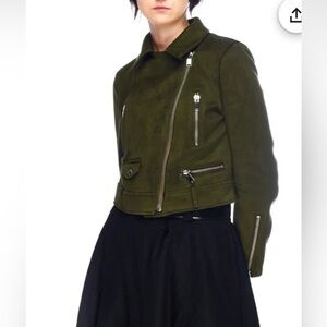 ZARA Olive Green Faux Suede Cropped Moto biker riding Zip up jacket💚